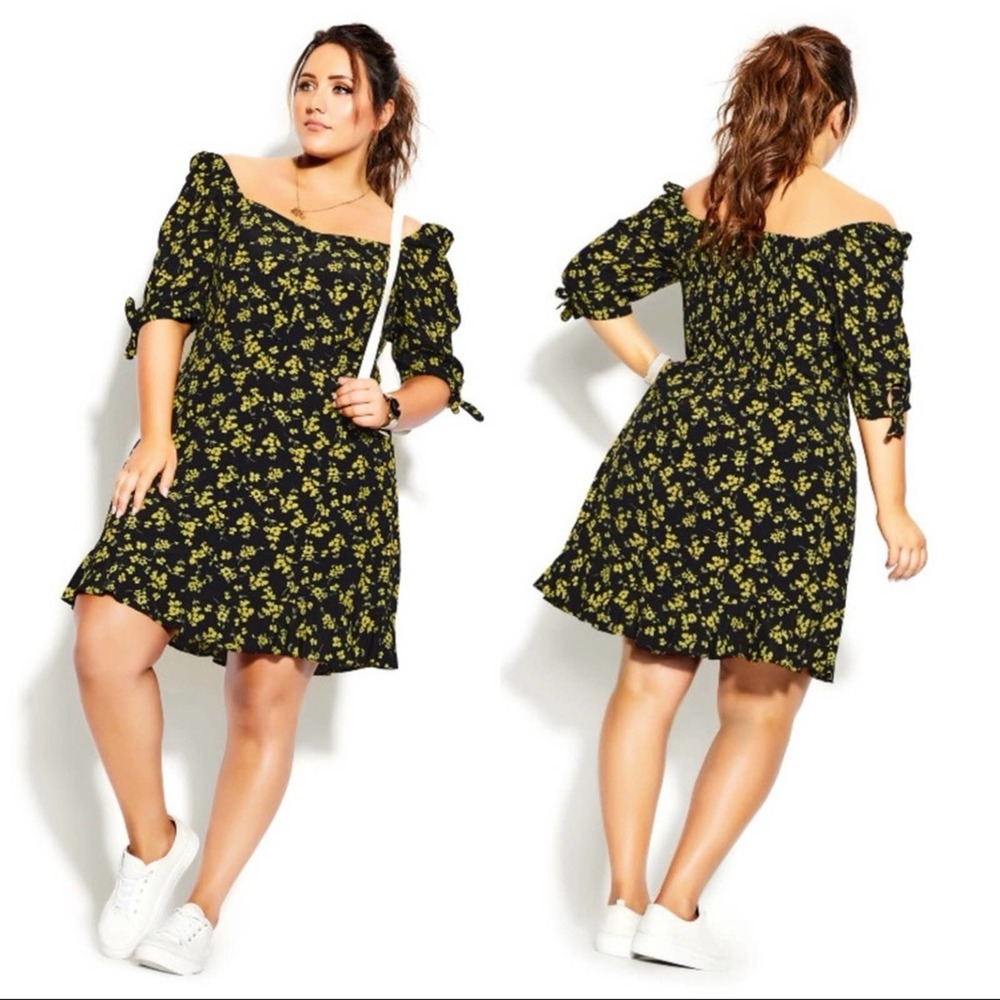 City Chic Black Mini Dress with Yellow Floral Print